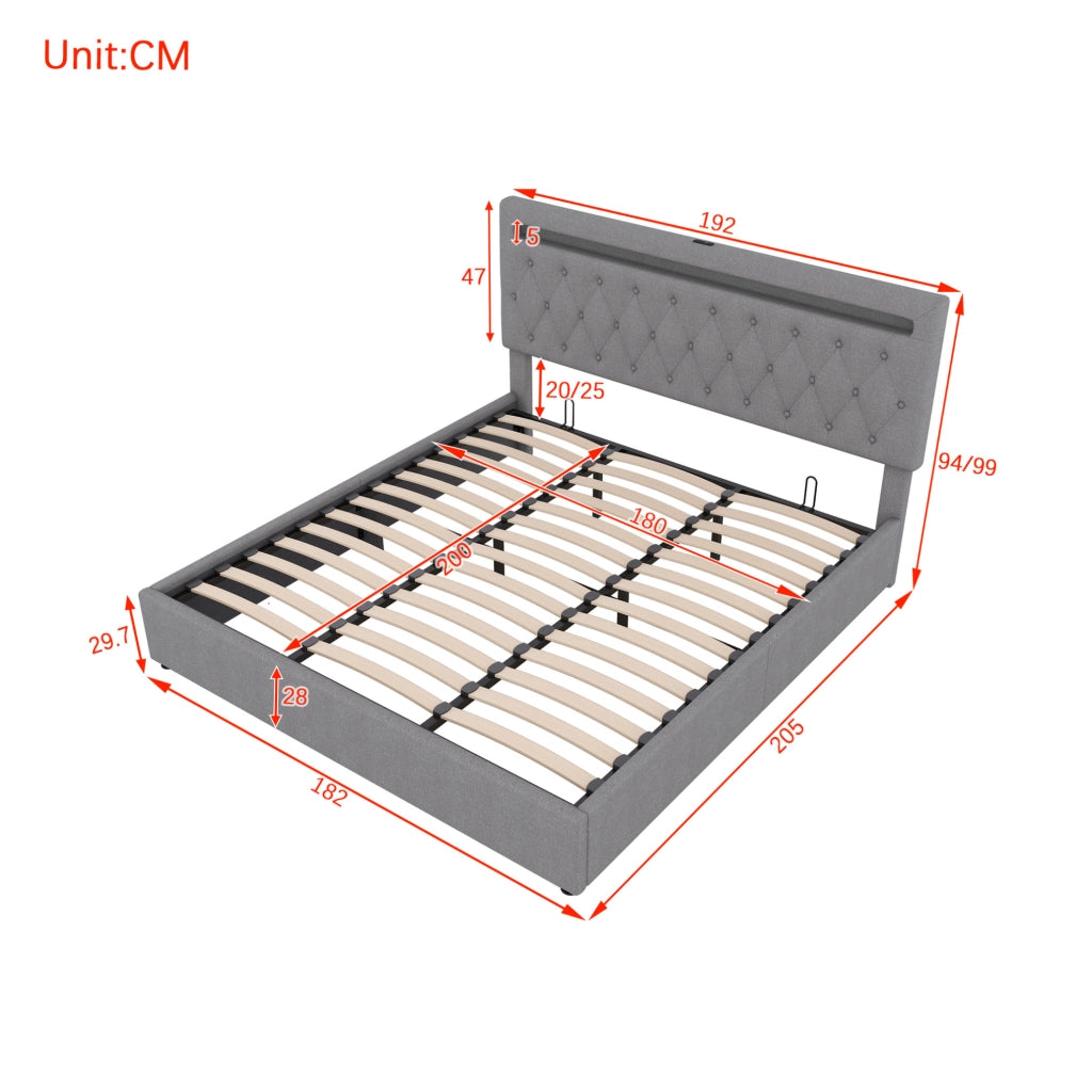 Letto 180x200 cm imbottito con sollevamento idraulico, luci LED multicolore e porta USB grigio