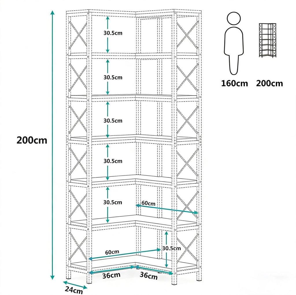 Libreria angolare 60x24x200 cm in metallo e legno nero, stile industriale
