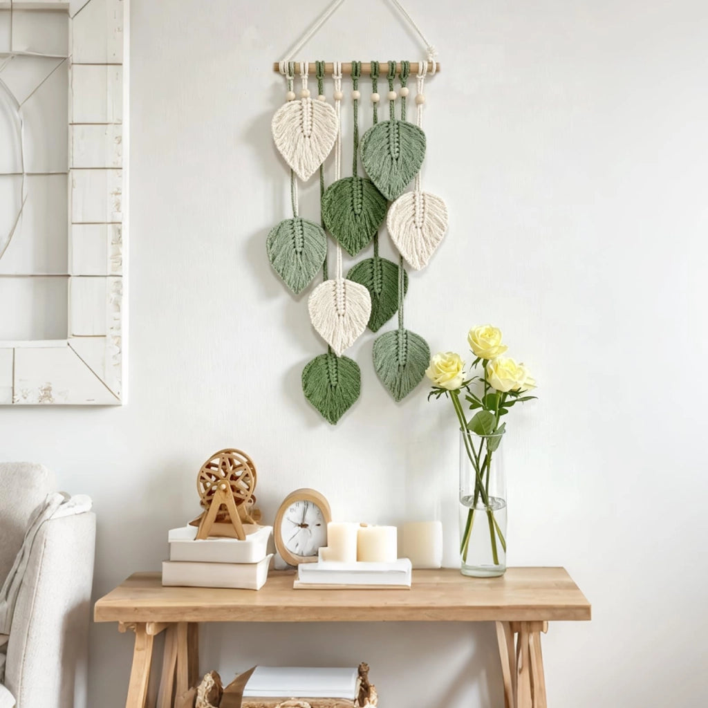 Tappezzeria da parete in macramè, stile boho, 25x60 cm, realizzata a mano, verde e crema