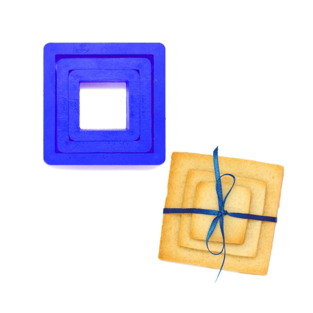 3 stampi per biscotti a forma di quadrato, dimensioni 3,5/5/7 cm, altezza 2,2 cm, in plastica, colore rosa