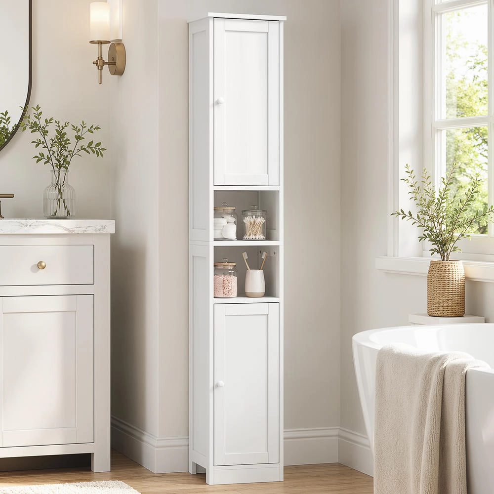 Mobile colonna bagno alto salvaspazio con 2 ante e 2 scomparti aperti, ripiani regolabili, bianco 30 cm