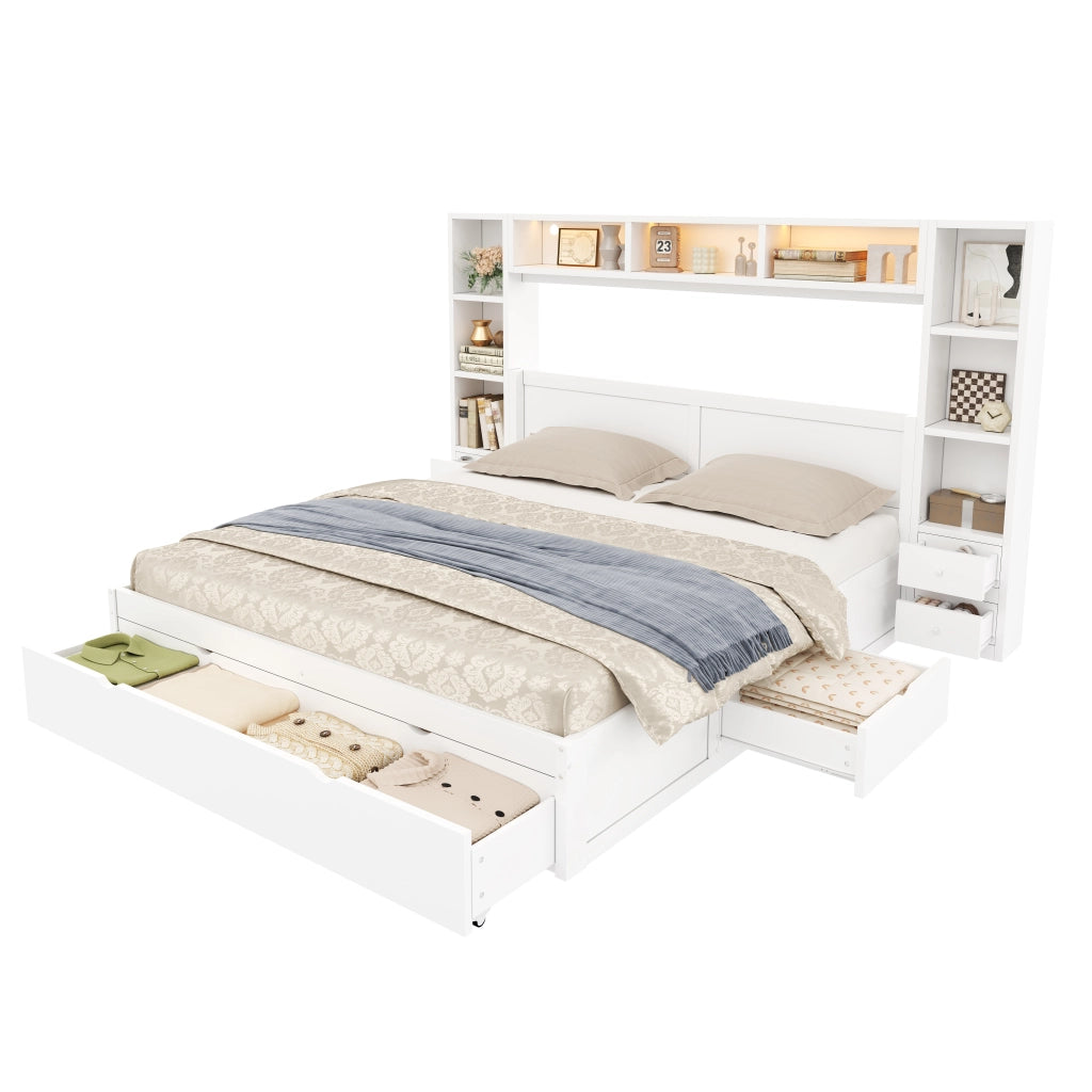Letto a piattaforma 140 × 200 cm con testiera e pediera in MDF e compensato bianco 7 cassetti e LED