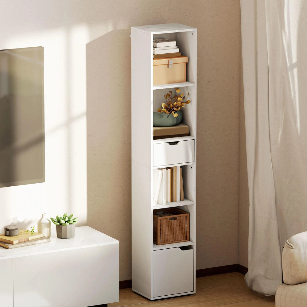 Libreria salvaspazio con cassetto anta e 4 ripiani mobile contenitore per casa 30 x 24 x 158 cm bianco