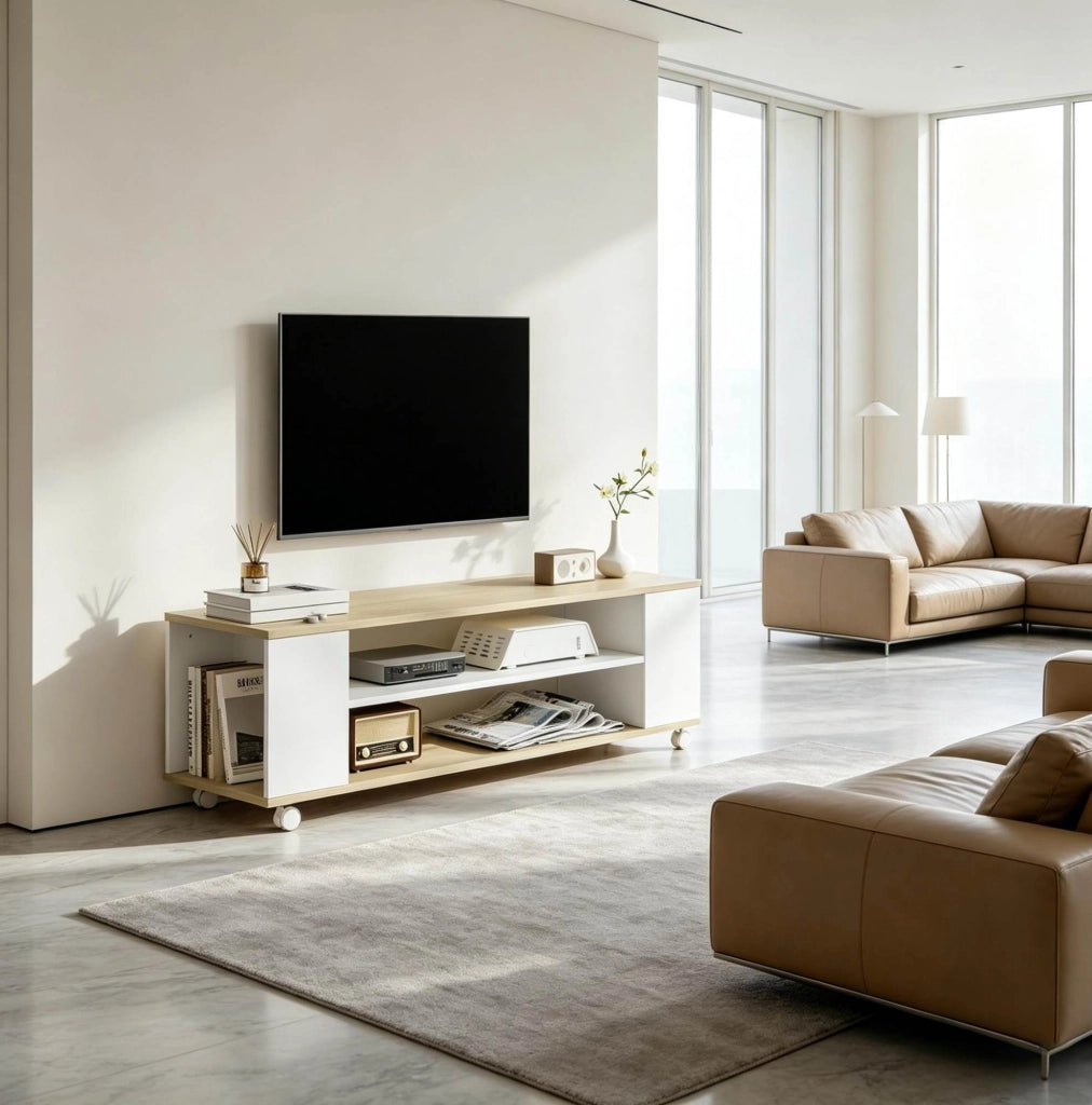 Mobile TV su ruote 120x40x38,5 cm in pannello truciolare bianco naturale per soggiorno