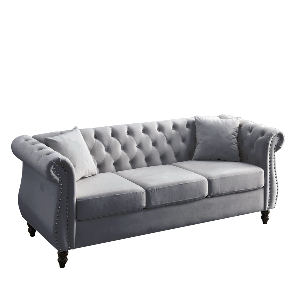 Divano Chesterfield in velluto grigio con cuscini rimovibili per soggiorno