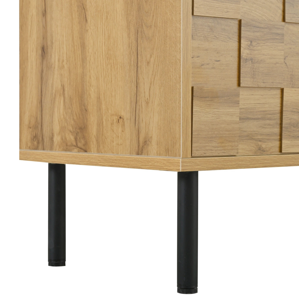Mobile TV con design a mosaico in truciolato effetto legno, 2 porte, 2 cassetti, 2 vani aperti, piedi in metallo nero 160x35x42,5 cm