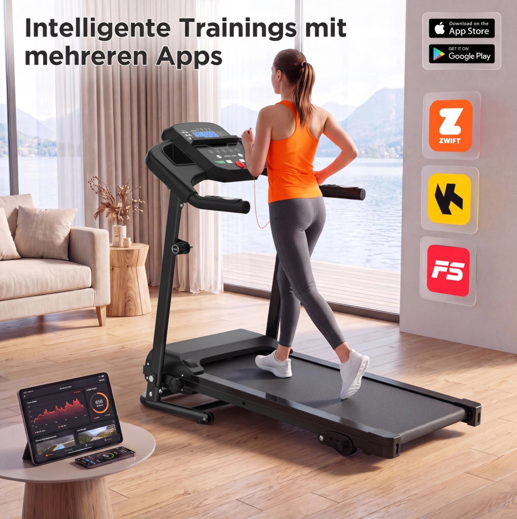 Tapis roulant pieghevole compatto per casa con maniglie, display LED multifunzione e 3 programmi, struttura in metallo, nero