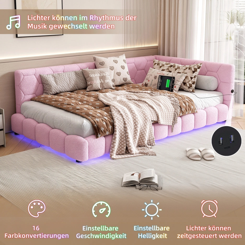 Letto singolo 90x200 cm con LED a 16 colori; USB e USB-C; struttura in MDF; rosa