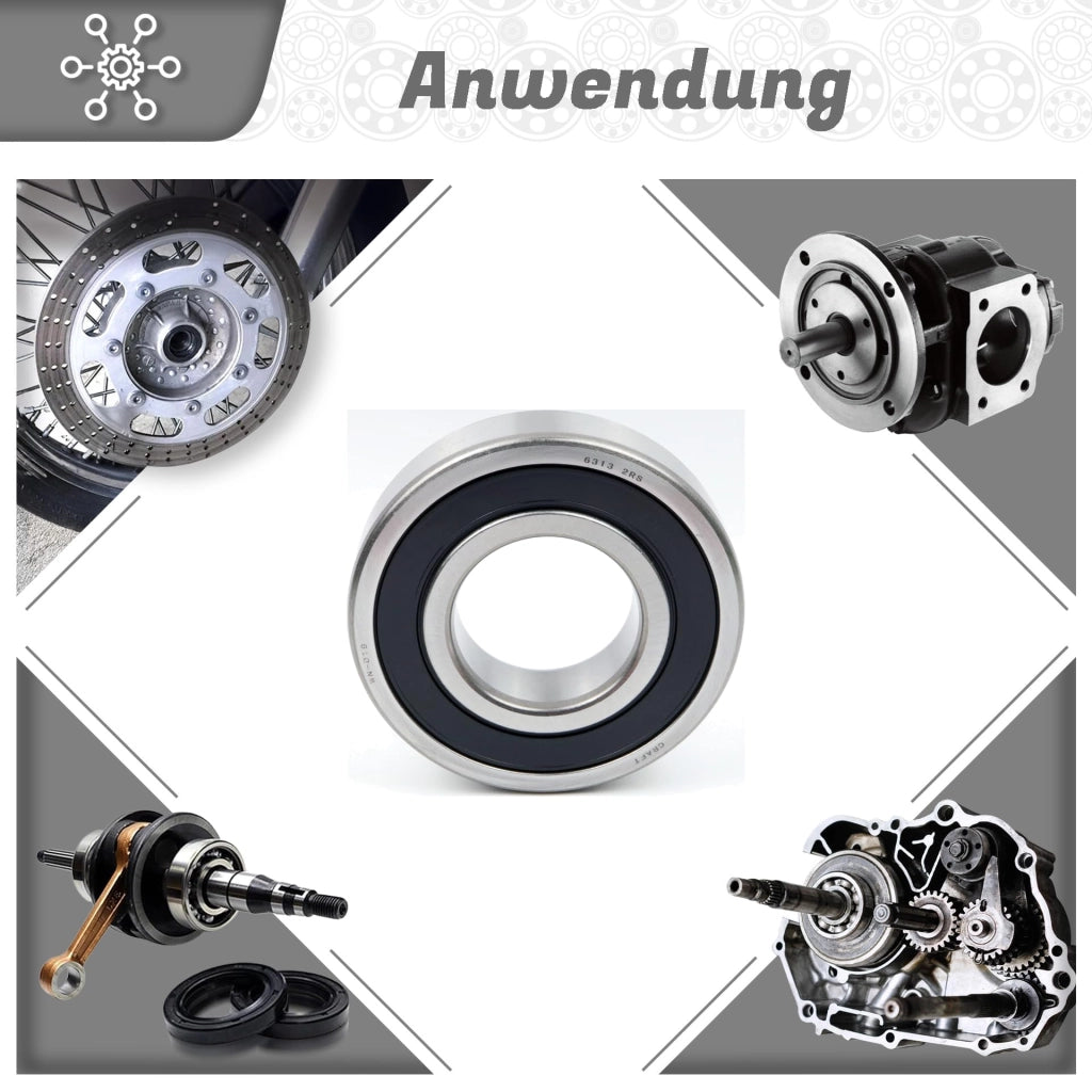 Cuscinetto a rulli con anelli guida 6313 2RS, dimensioni 65x140x33 mm, conforme alla norma DIN 625