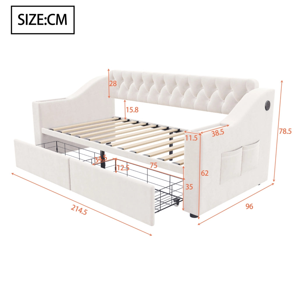 Divano letto 214,5x96x78,5 cm con contenitore, cassetti e USB in velluto beige per piccoli spazi, moderno