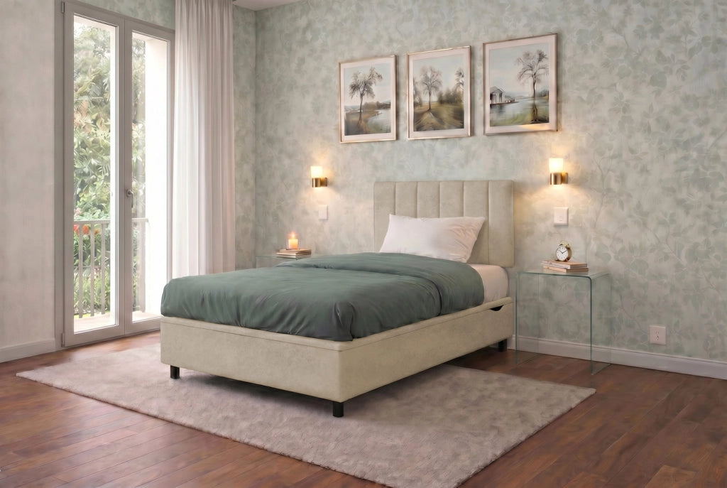 Letto Singolo Contenitore Imbottito 80x190 cm Microfibra Sabbia BoxMax Testata Vertical