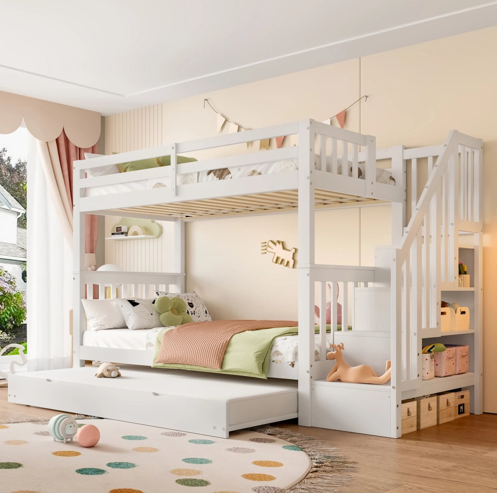 Letto a castello 90x200 cm bianco con letto estraibile e scala con ripiani