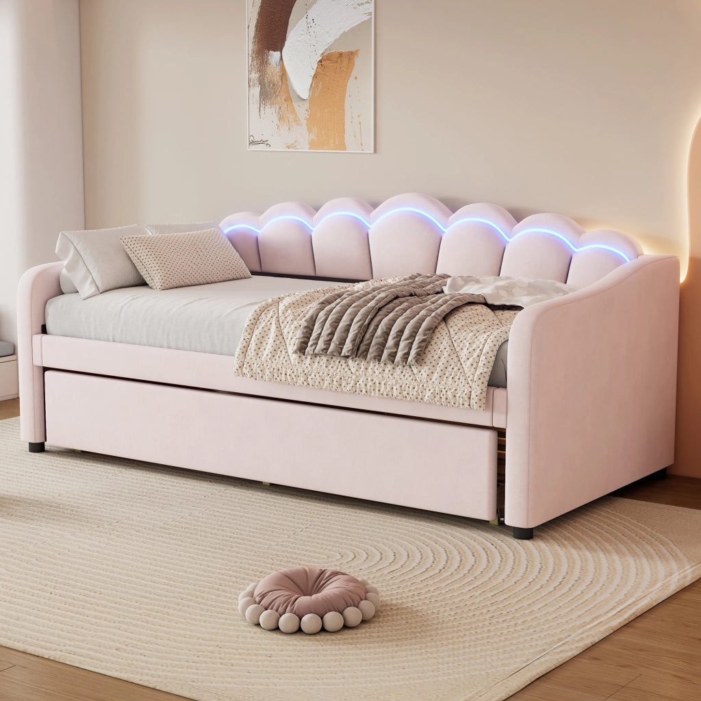 Divano letto singolo 90x200 cm con letto estraibile; struttura in MDF; velluto rosa e LED con telecomando