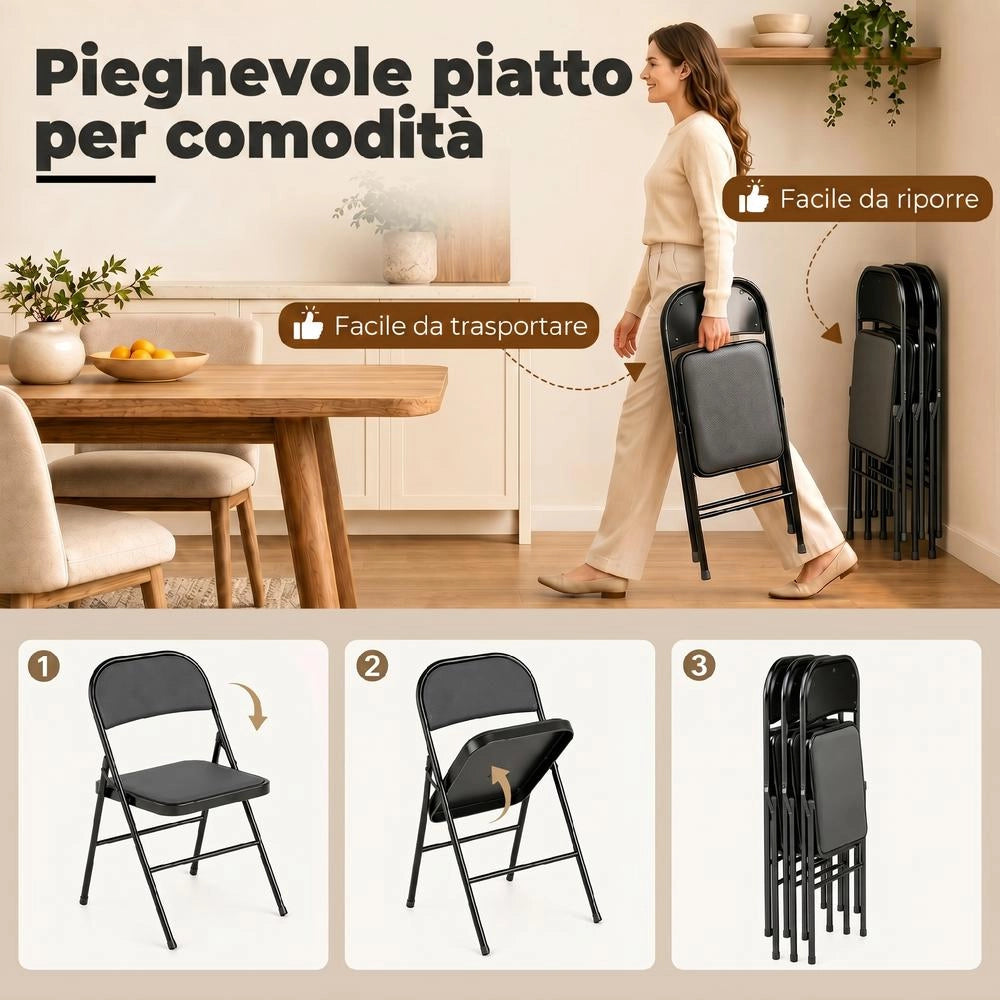 Sedie Pieghevoli Imbottite in Finta Pelle PU e Metallo, Set da 4 Salvaspazio, Sedute Richiudibili per Casa, 45x46x78 cm, Nero