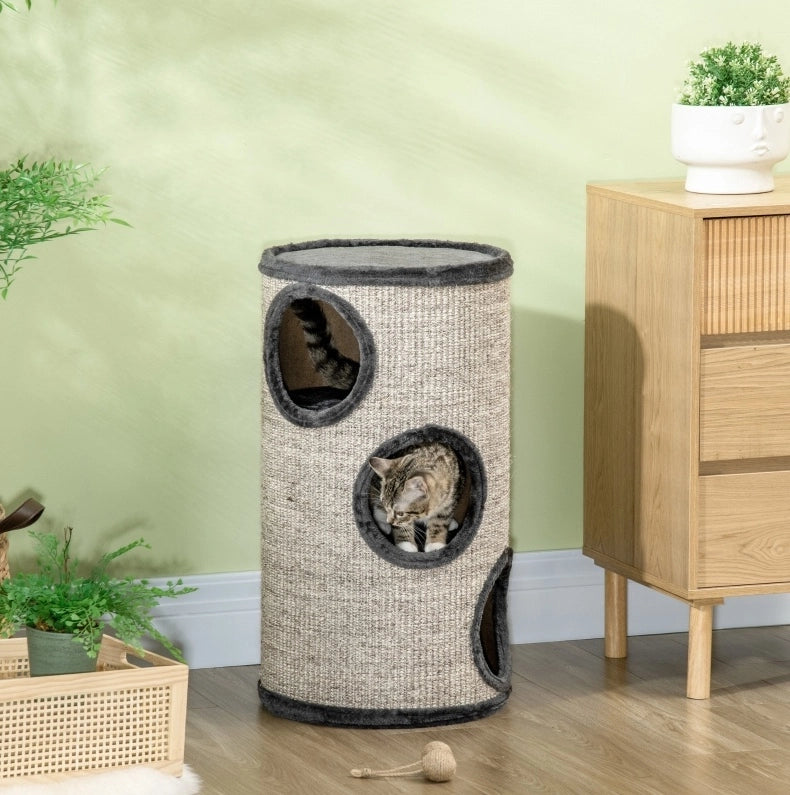 Torre tiragraffi per gatti 38 x 38 x 70 cm in sisal grigio chiaro, 3 livelli