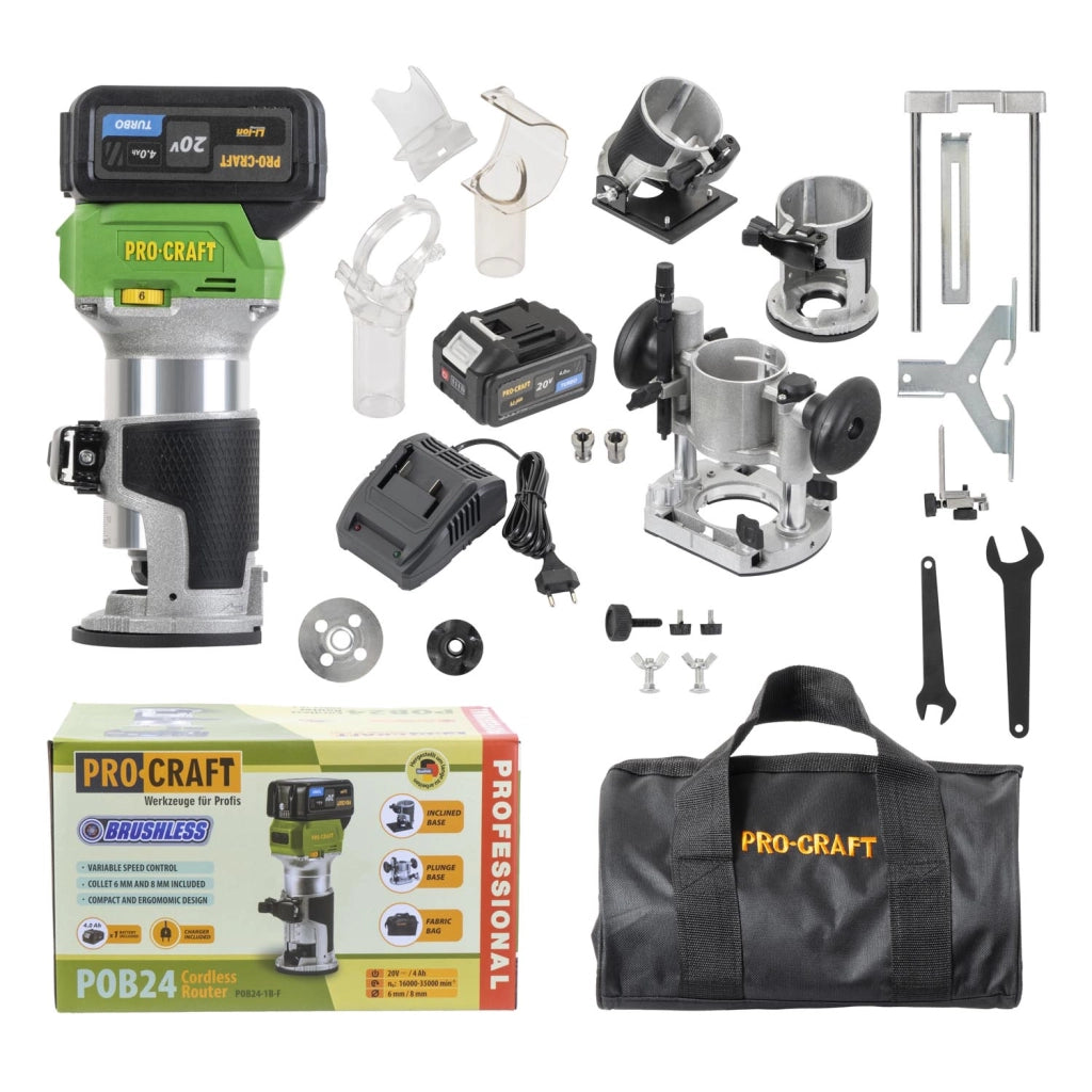 Fresatrice verticale a batteria Procraft POB24-1b-f con accessori, 20 V, 4 Ah, 16.000–35.000 giri/min