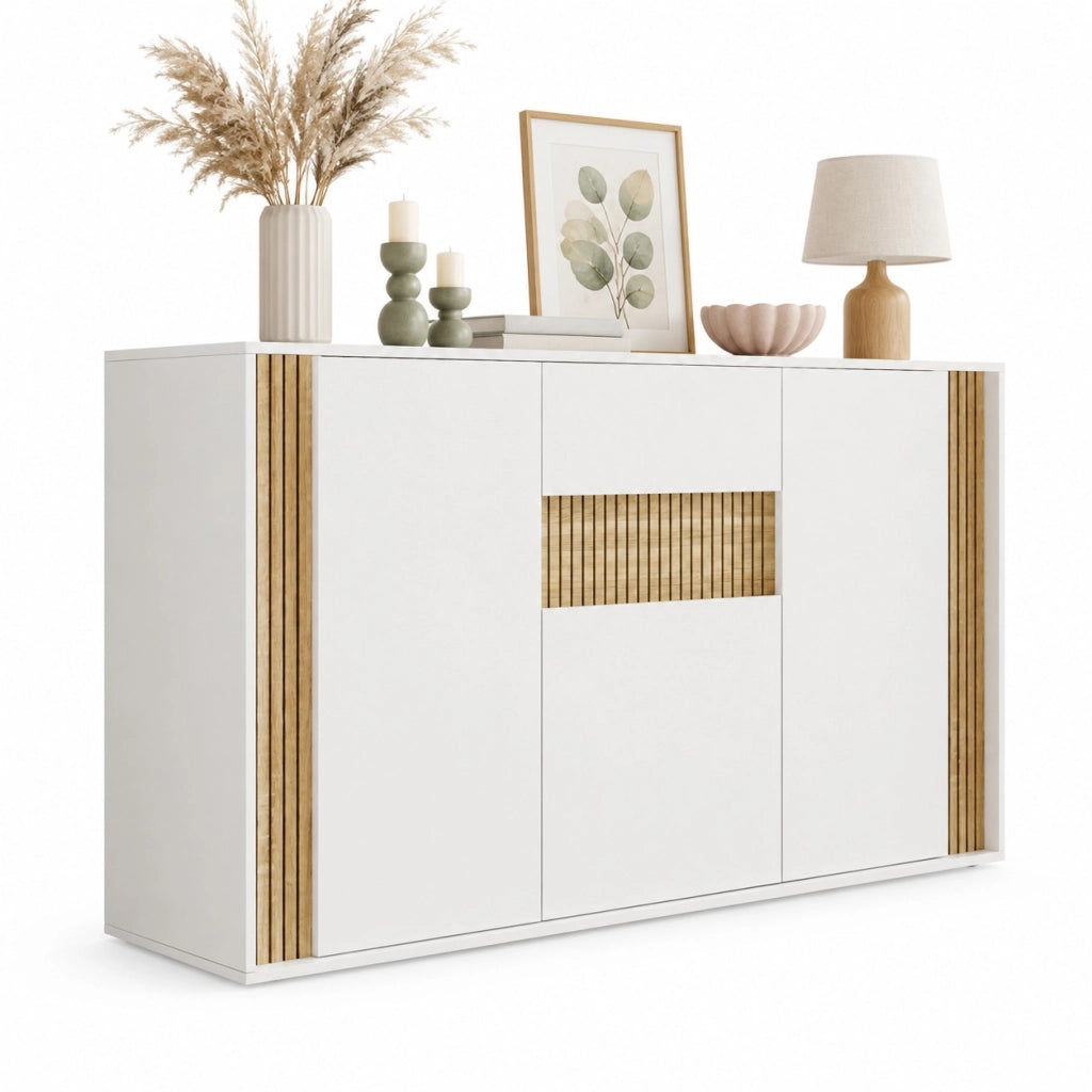 Credenza bianca e naturale 140 cm con 3 ante, cassetto e LED