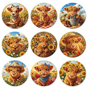 Set di 9 sottobicchieri in legno con motivo di mucche highland e girasoli, diametro 10 cm