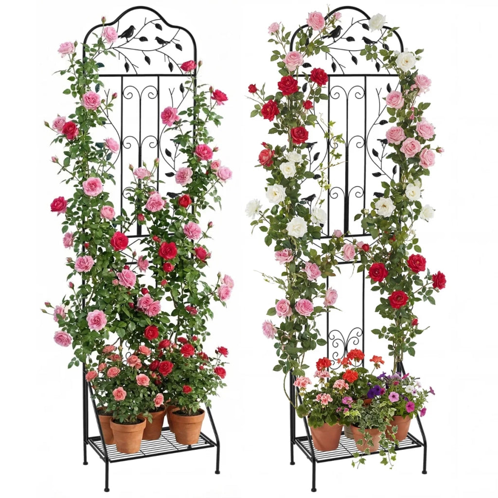 Set di 2 Tralicci da Giardino in Metallo Nero con Ripiano Pieghevole e Picchetti per Piante Rampicanti e Rose