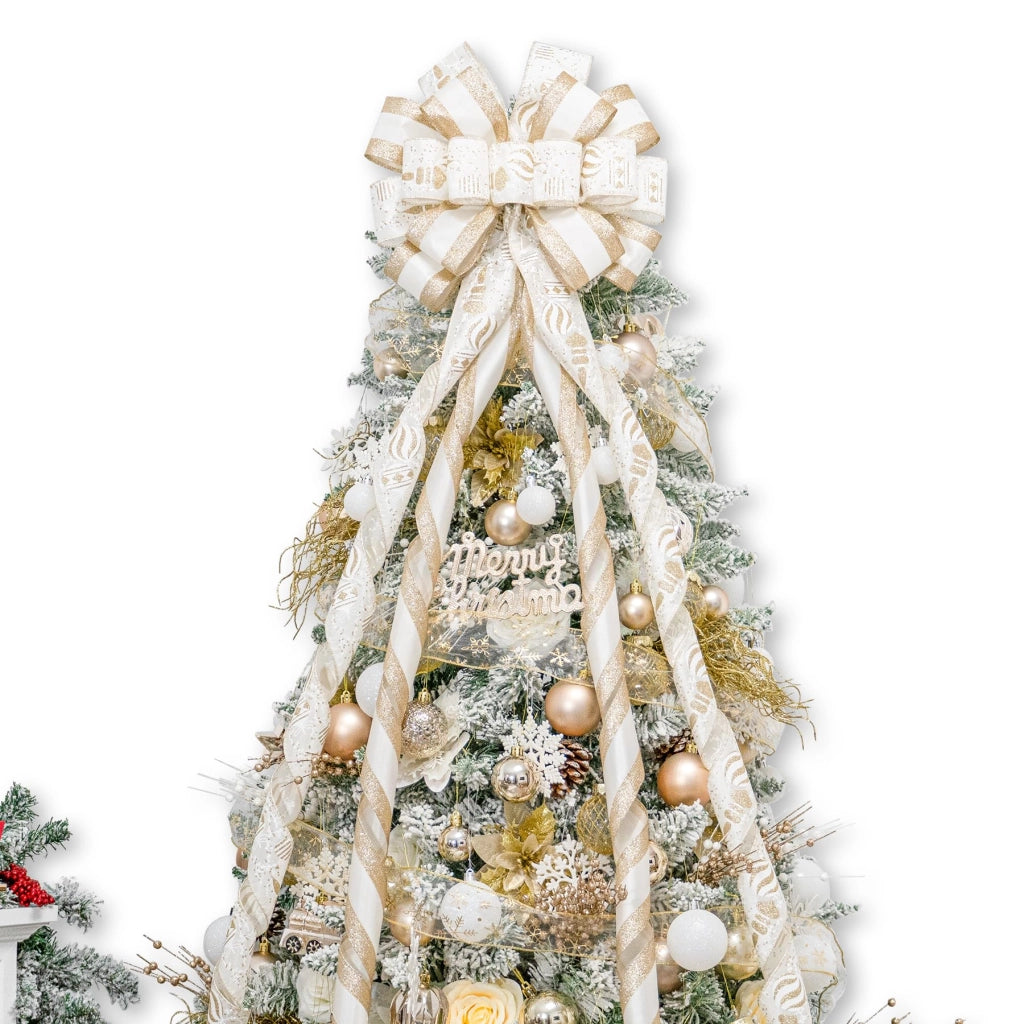 Nastro decorativo per albero di Natale, 130x30 cm, con glitter, bianco e oro