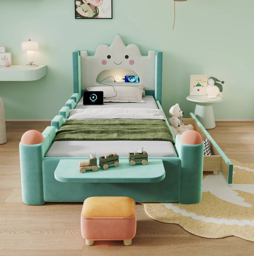 Letto singolo imbottito per bambini 90x200 cm con cassetto; USB e lampada; blu verde