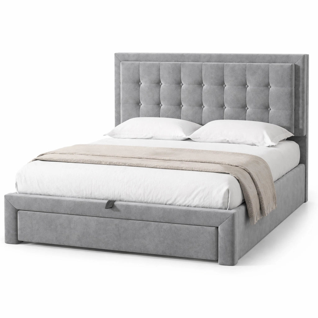 Letto contenitore 140 × 190 cm con testiera regolabile; velluto grigio