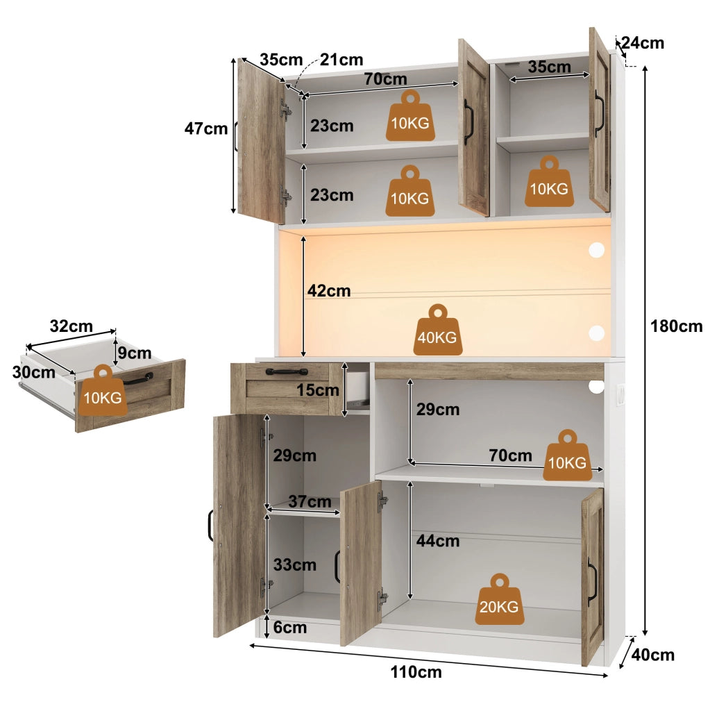 Mobile da cucina in MDF con ripiani, illuminazione LED RGB e prese, 110 x 40 x 180 cm
