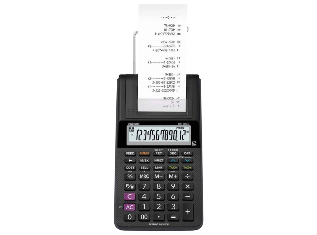 Calcolatrice Casio HR-8RCE-BK Scrivente Portatile Display LCD a 12 Cifre Funzioni Check & Correct After Print e Re-Print Include Scatola Originale Nero
