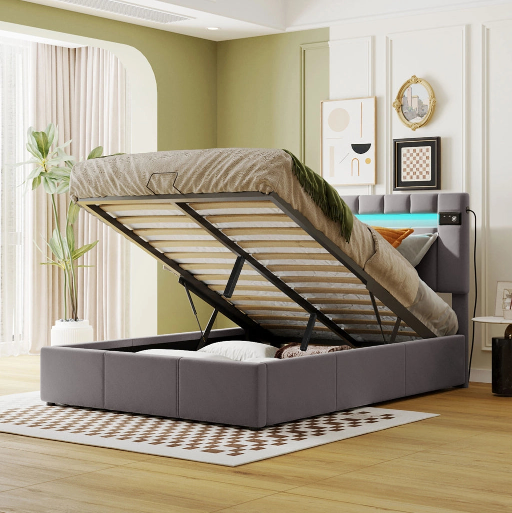 Letto matrimoniale con contenitore idraulico; LED; Bluetooth e USB; grigio