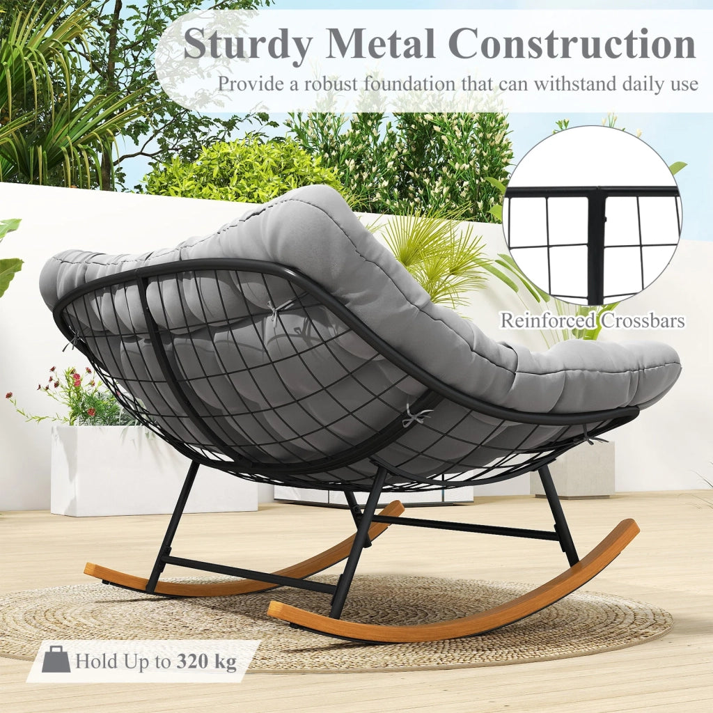 Sedia a dondolo papasan doppia 2 posti in metallo grigio con cuscino spesso 20 cm, poltrona relax per giardino e casa