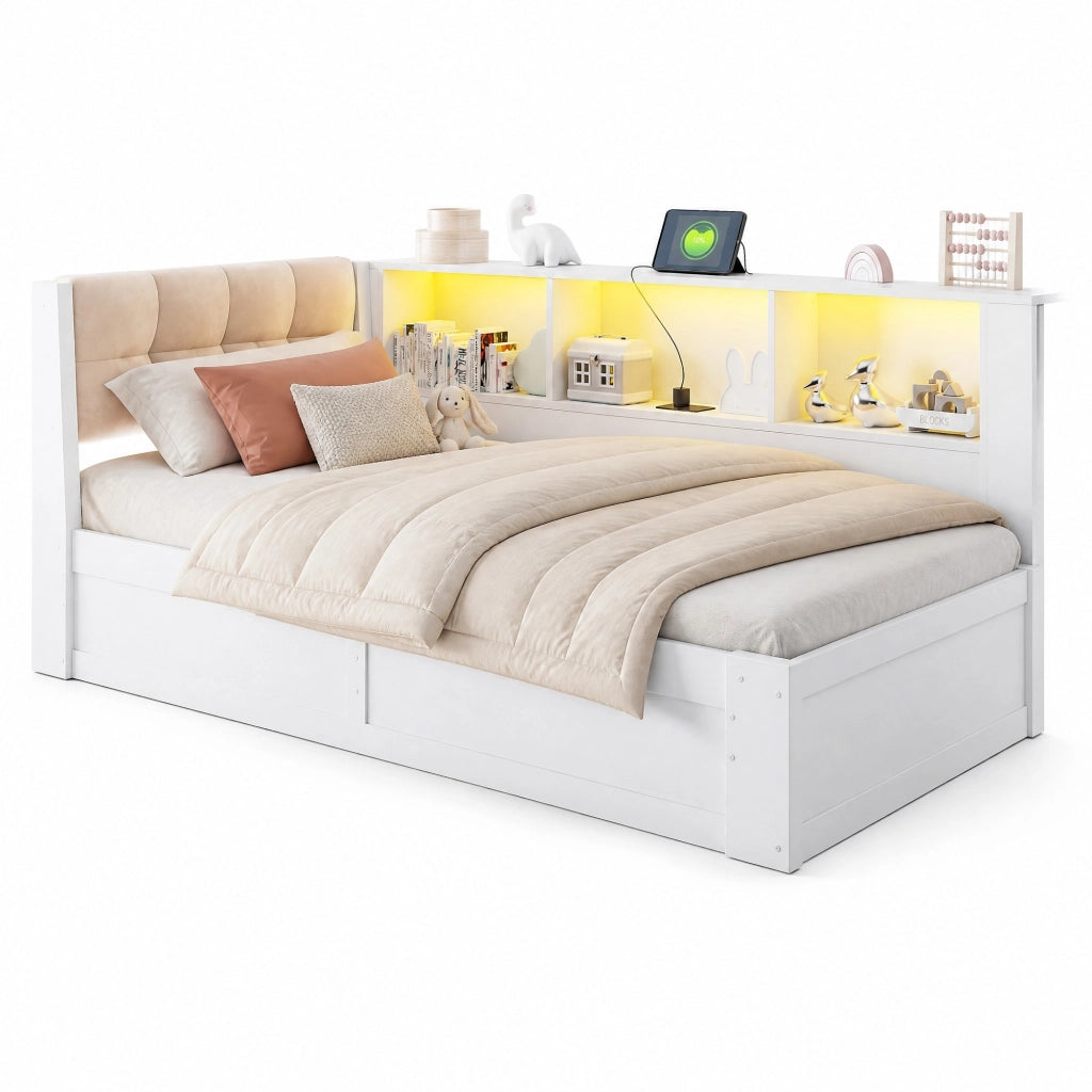 Letto singolo 90x200 cm in pino bianco con contenitore idraulico, LED regolabile, USB e scaffali laterali