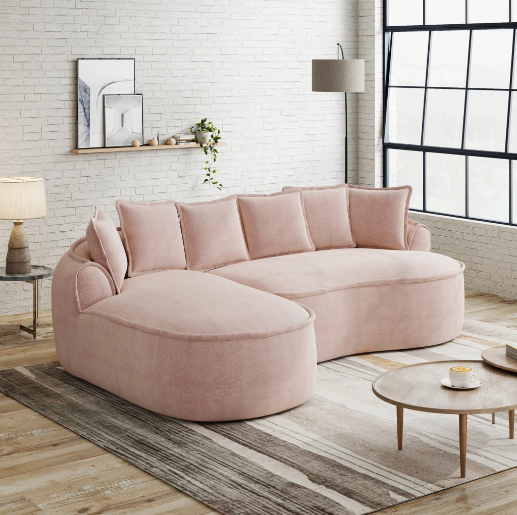 Divano letto modulare IVMEU in ciniglia rosa, 2 moduli con chaise longue, seduta profonda e braccioli ampi per soggiorno