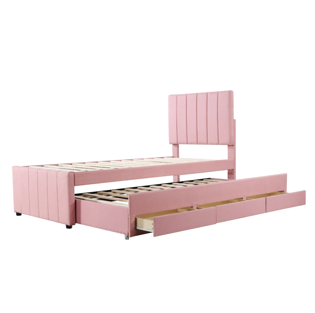 Letto imbottito singolo 90x200 cm con letto estraibile e 3 cassetti, rosa