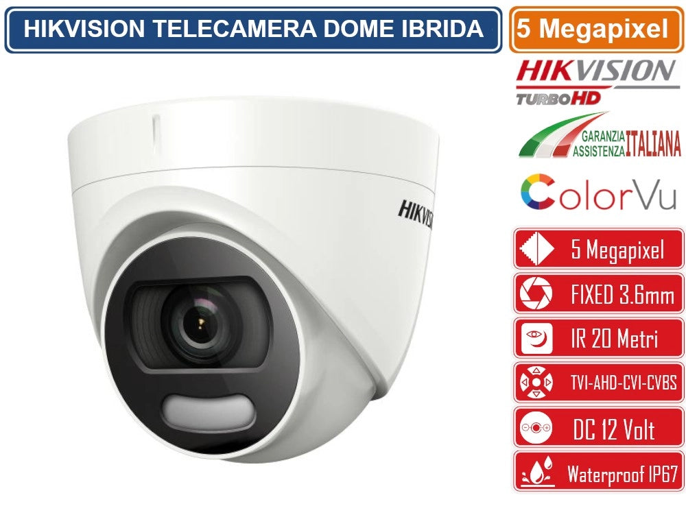 HIKVISION DS-2CE72HFT-F TELECAMERA DOME COLOR VU IBRIDA 4IN1 TVI/AHD/CVI/CVBS 5 MEGAPIXEL 3.6MM OSD IP67