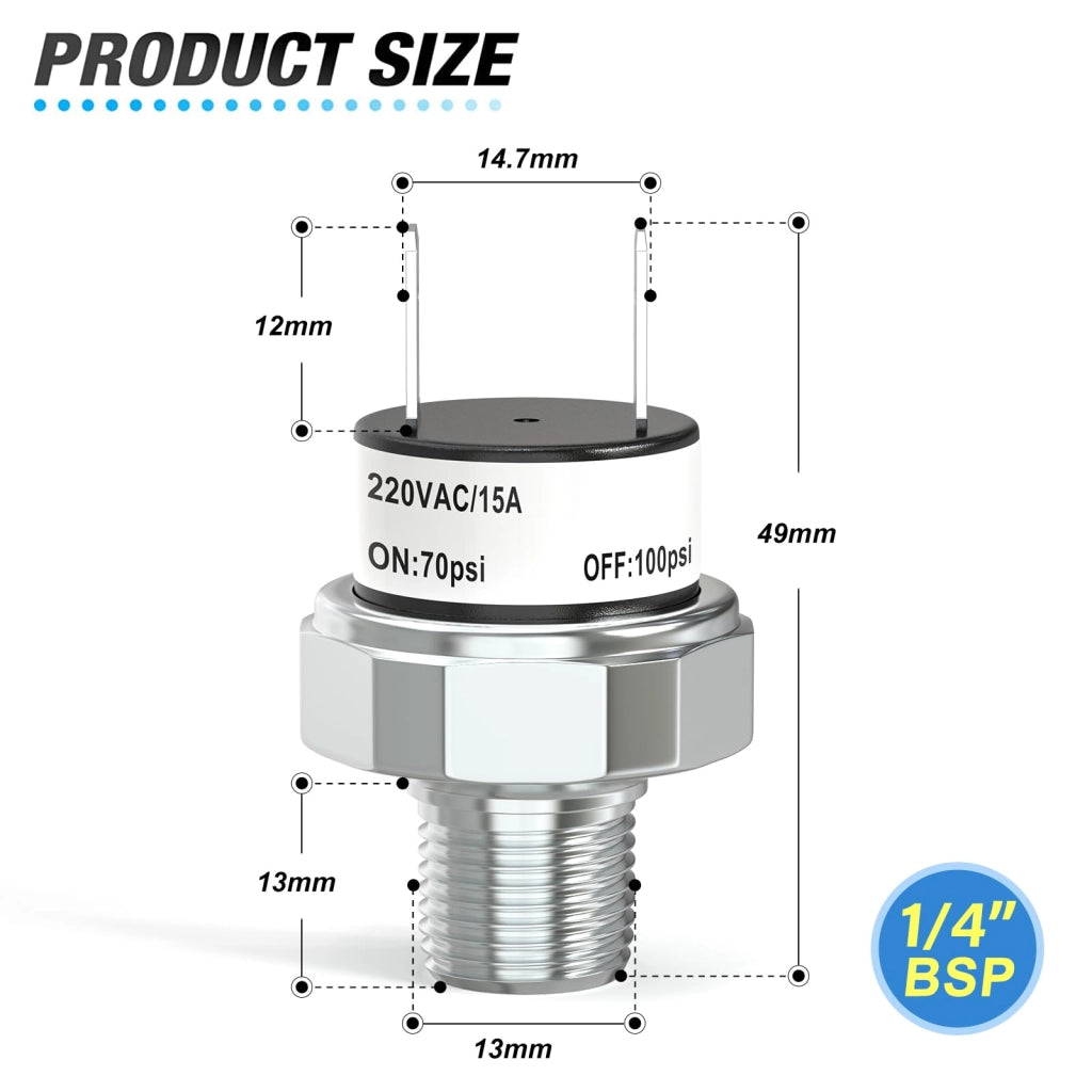 Interruttore di pressione da 70 a 100 PSI, attacco 1/4" BSP, alimentazione DC 12V/24V, per montaggio su serbatoio