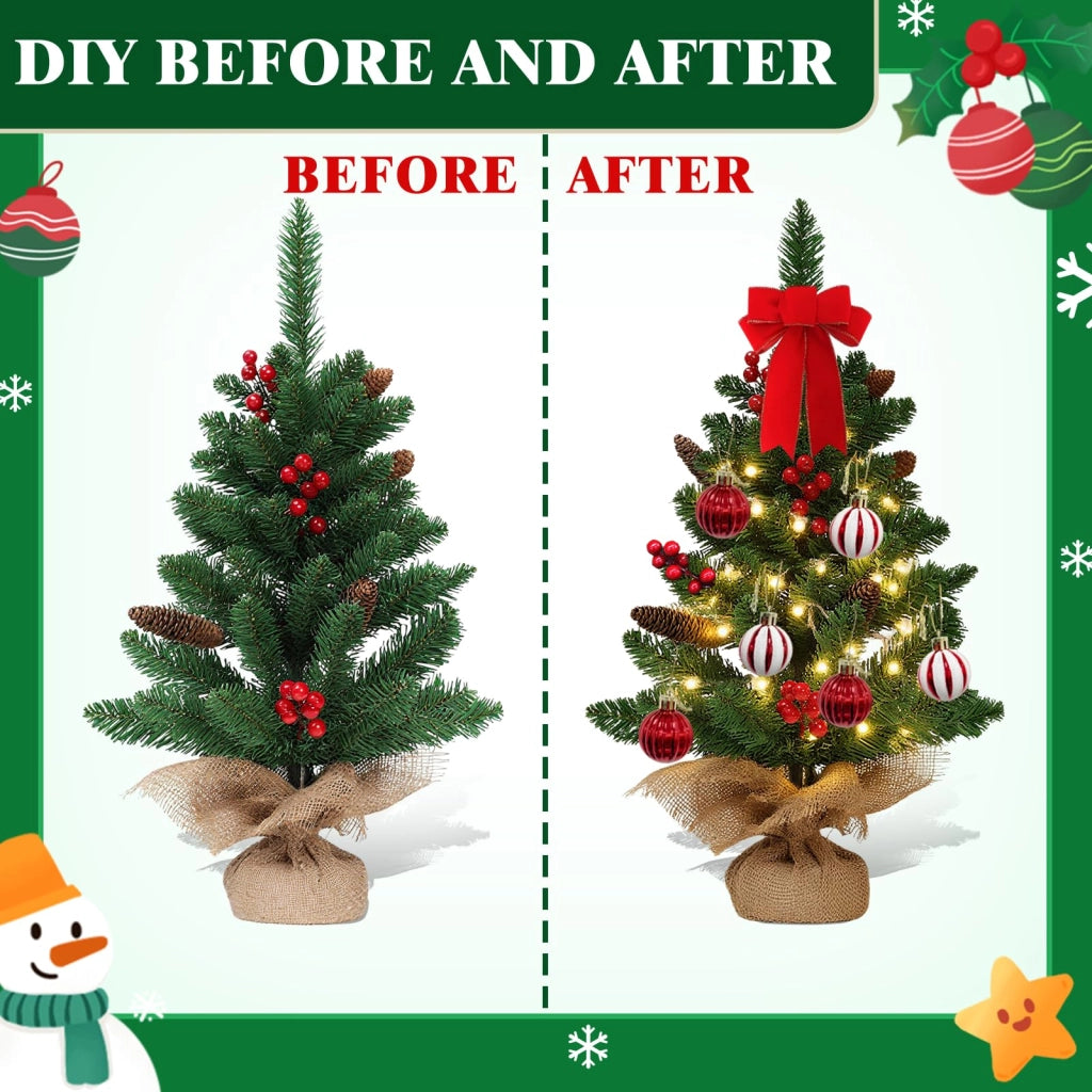 Albero di Natale artificiale, altezza 60 cm, con 20 luci LED e 6 palline, colore verde