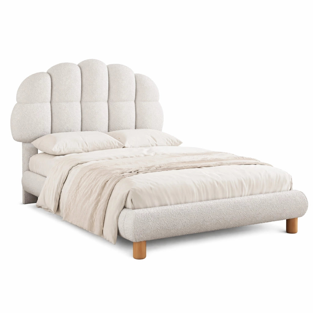 Letto singolo imbottito 90 × 200 cm in bouclé bianco con testiera regolabile e rete a doghe