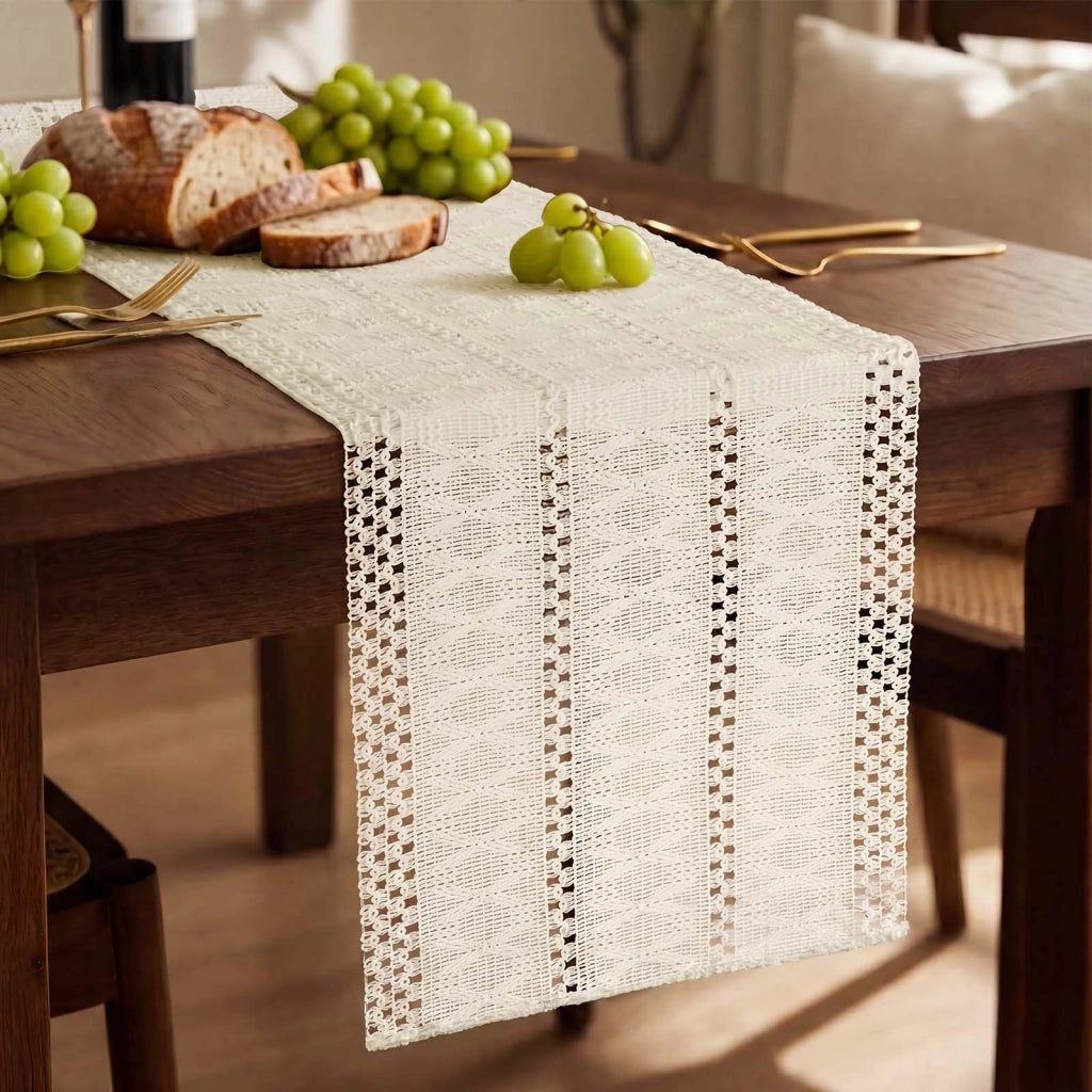 Tovaglia in stile boho, 30x140 cm, realizzata in un mix di poliestere e cashmere, lavabile, color avorio