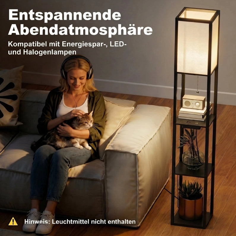 Lampada da terra LED nera con 3 ripiani, dimmer e prese USB
