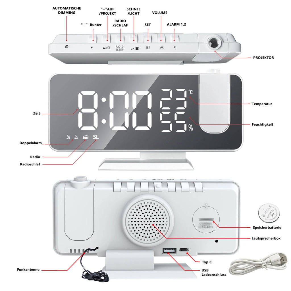 Sveglia digitale con radio FM, proiezione e display LED