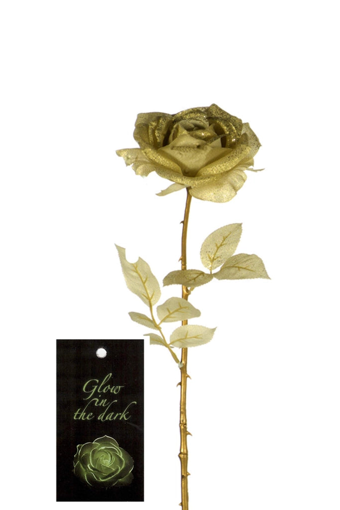 Rosa artificiale con effetto glitter che si illumina al buio, altezza 69 cm, color oro, lavabile