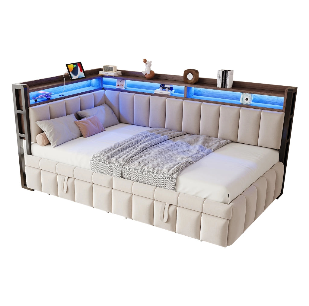Divano letto estraibile 90 x 200 cm in velluto beige con LED e prese USB e tipo C