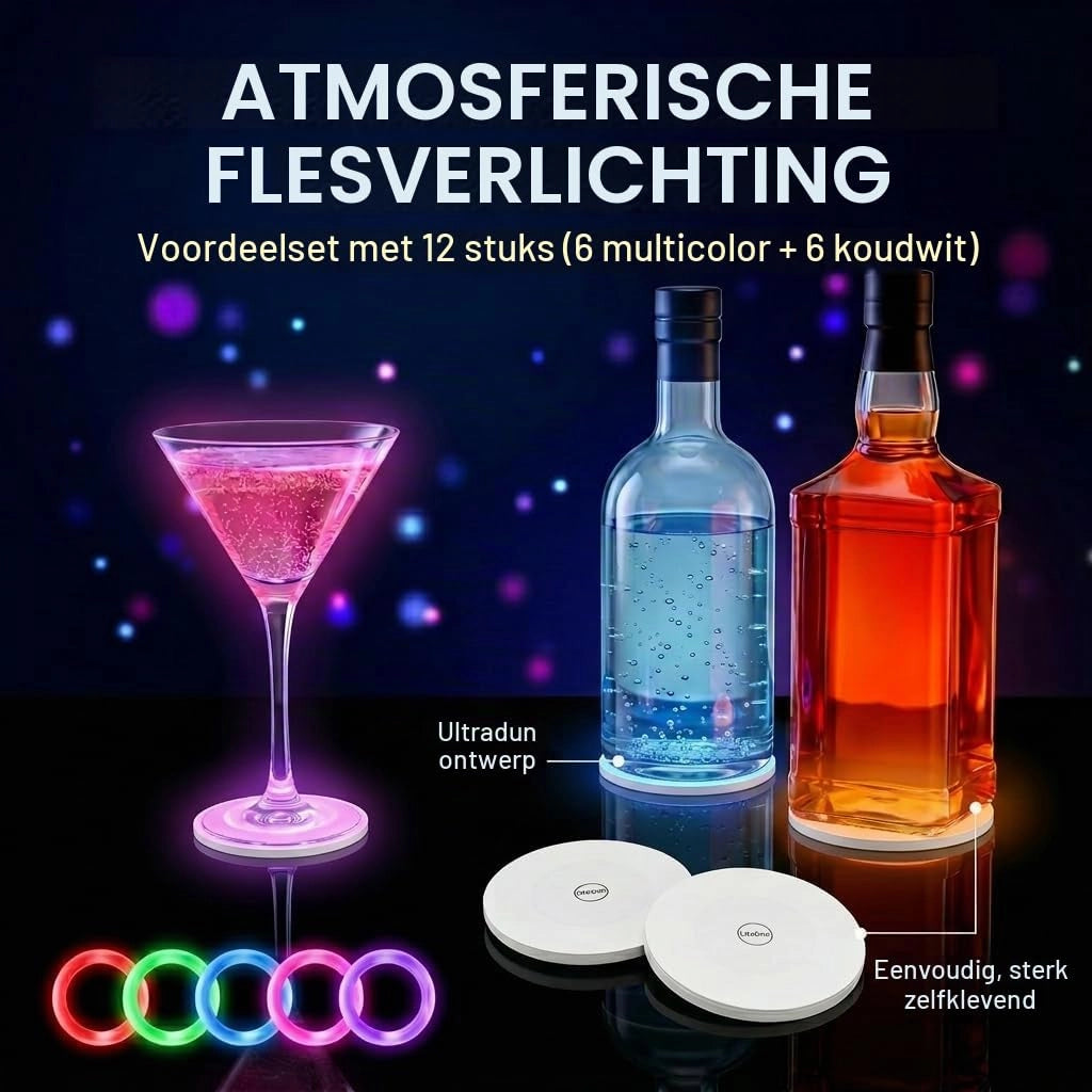 12 adesivi luminosi a LED per bicchieri e bottiglie – Multicolore e bianco freddo