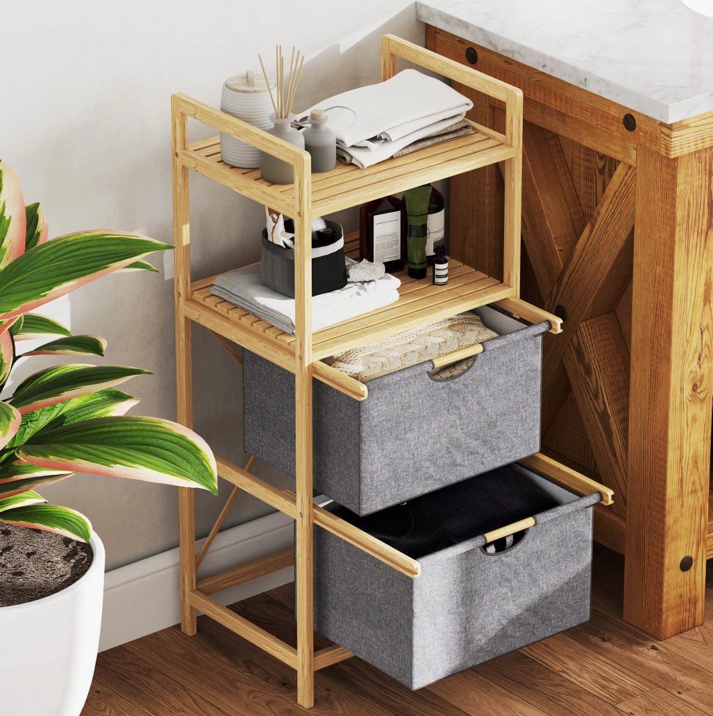 Cesto portabiancheria doppio 44 x 34 x 96 cm in bambù naturale con ripiani aperti