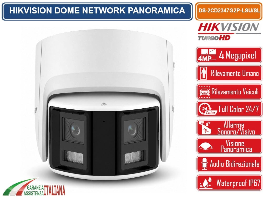 HIKVISION DS-2CD2347G2P-LSU/SL TELECAMERA IP PANORAMICA 4MP COLORVU 180° DUAL LENS CON ALLARME ATTIVO AUDIO BIDIREZIONALE WDR 130DB H.265+, IP67