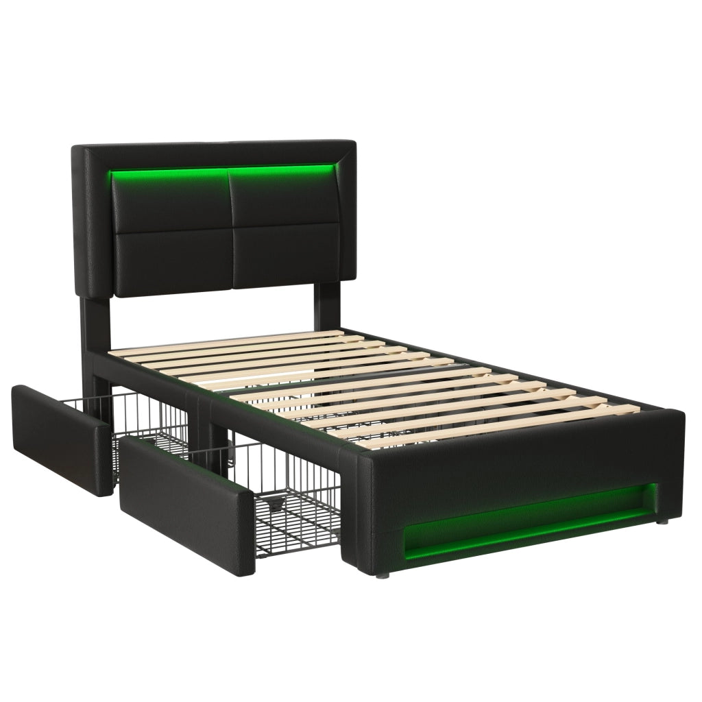 Letto imbottito 90x200 cm con quattro cassetti; LED e USB; PU nero