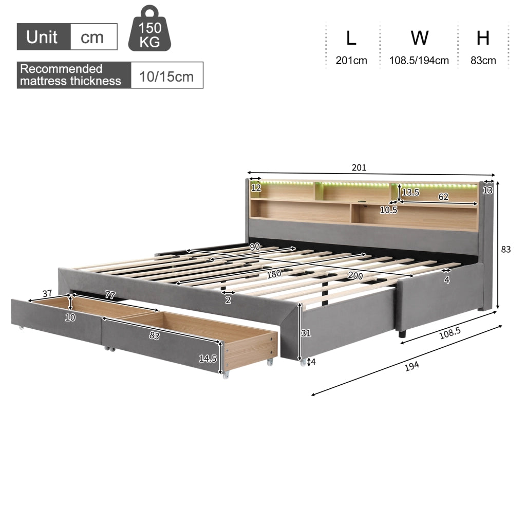 Letto singolo estraibile 90 × 200 cm estensibile a 180 × 200 cm con 2 cassetti USB Type-C LED velluto grigio