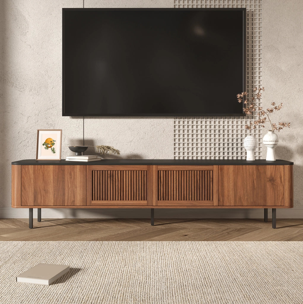 Mobile TV con contenitore 190x35x45 cm in MDF noce e nero, ante traforate