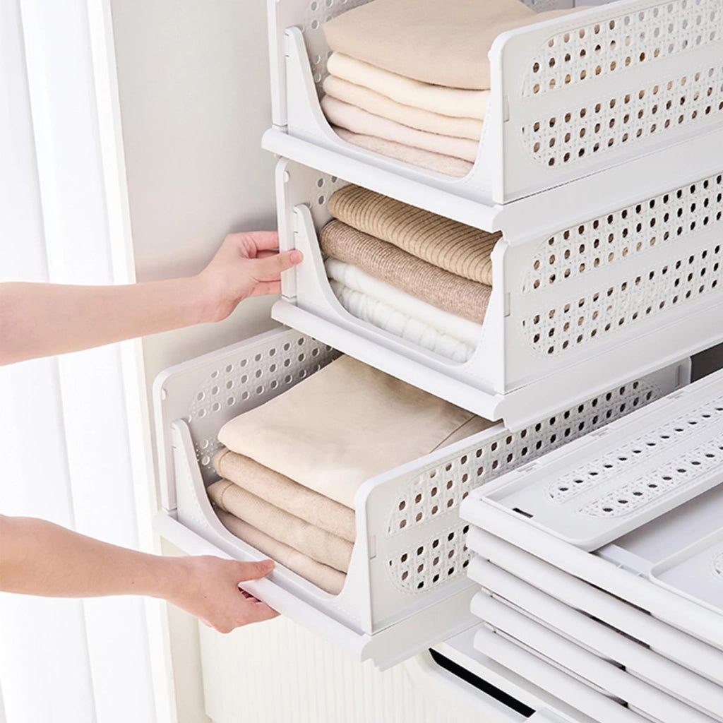 Set di 3 organizer impilabili per armadi, in plastica, colore bianco