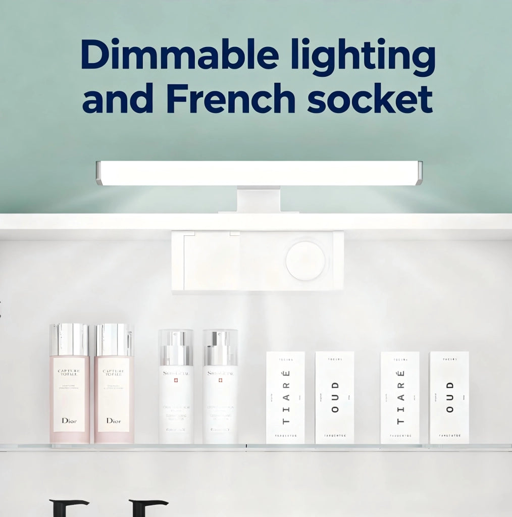 Mobile da bagno 60 cm bianco con specchio, porte asimmetriche, illuminazione LED e presa francese integrata